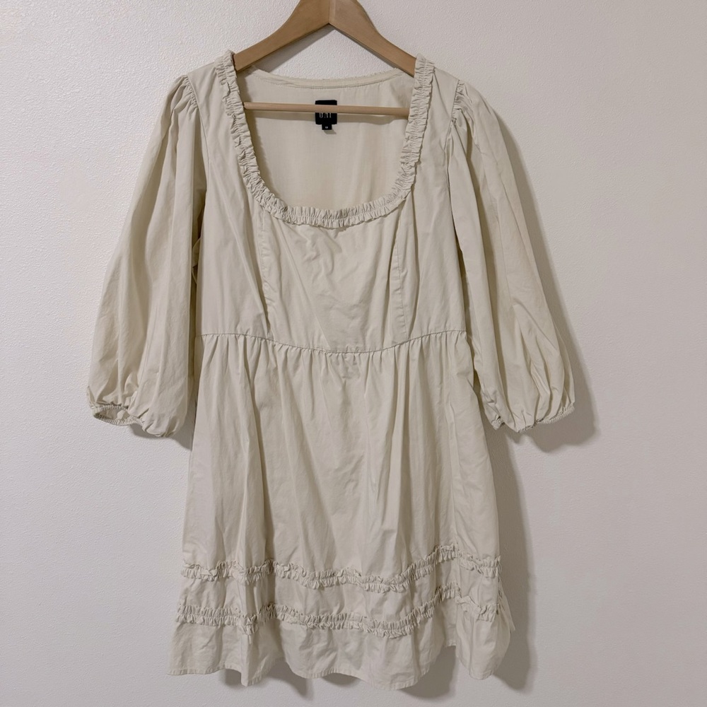 Gap Puff Sleeve Ruffle Neck Mini Dress Chino Beige Square Neck Pockets 2023-12 - Picture 2 of 12